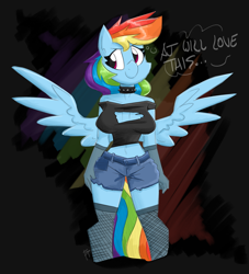 Size: 1500x1650 | Tagged: safe, artist:flutterthrash, rainbow dash, pegasus, anthro, g4, clothes, female, implied appledash, implied lesbian, implied shipping, solo, stockings, text, thigh highs, wings