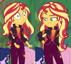Size: 661x600 | Tagged: safe, edit, edited screencap, editor:thedarkpony, screencap, sci-twi, sunset shimmer, twilight sparkle, equestria girls, equestria girls specials, g4, my little pony equestria girls: better together, my little pony equestria girls: sunset's backstage pass, clothes, cropped, fart, female, fetish, implied messing, implied pooping, implied scat, implied sharting, onomatopoeia, pants, pantypoop