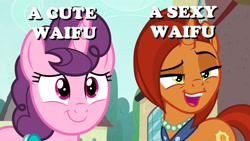 Size: 1280x720 | Tagged: safe, stellar flare, sugar belle, pony, g4, caption, comparison, image macro, text, waifu