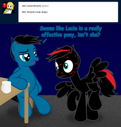 Size: 7708x8130 | Tagged: safe, artist:agkandphotomaker2000, oc, oc:arnold the pony, oc:pony video maker, pegasus, pony, tumblr:pony video maker's blog, ask, bipedal, bipedal leaning, blushing, coffee mug, dialogue, dizzy, dizzy eyes, feathered wings, femboy, feminine stallion, girly, implied kissing, kiss mark, leaning, lipstick, male, mug, show accurate, simple background, spread wings, stallion, stool, table, tumblr, wings