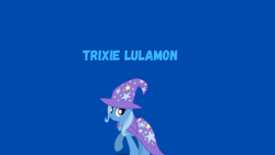 Size: 1280x720 | Tagged: safe, artist:kristiancastellanos3, trixie, pony, unicorn, g4, cape, clothes, female, hat, simple background, solo, text, trixie's cape, trixie's hat