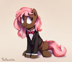 Size: 1722x1480 | Tagged: safe, artist:thebowtieone, oc, oc only, oc:scarlet trace (coffee bean), earth pony, pony, bowtie, clothes, commission, female, mare, open mouth, simple background, sitting, smiling, solo, suit