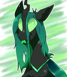 Size: 1243x1430 | Tagged: safe, artist:rockin_candies, queen chrysalis, changeling, changeling queen, g4, :p, abstract background, crown, female, forked tongue, horn, jewelry, regalia, slit pupils, solo, tongue out