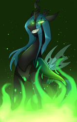 Size: 1142x1802 | Tagged: safe, artist:rockin_candies, queen chrysalis, changeling, changeling queen, g4, crown, fangs, female, fire, glowing eyes, grin, horn, jewelry, regalia, slit pupils, smiling, solo, teeth, wings