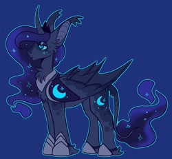 Size: 1300x1200 | Tagged: safe, artist:rockin_candies, princess luna, alicorn, bat pony, pony, g4, alternate design, bat ponified, blue background, curved horn, cutie mark, ear tufts, fangs, female, horn, hybrid wings, jewelry, leonine tail, race swap, regalia, simple background, slit pupils, solo, wings
