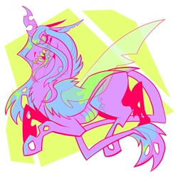 Size: 2000x2000 | Tagged: safe, artist:rockin_candies, queen chrysalis, changeling, changeling queen, g4, abstract background, alternate design, fangs, female, forked tongue, high res, horn, leonine tail, pastel, solo, swirly eyes, teeth, tongue out, wings
