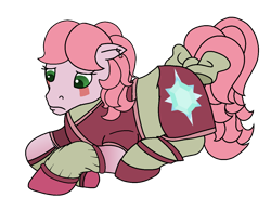 Size: 1270x931 | Tagged: safe, artist:tanahgrogot, earth pony, pony, g1, my little pony 'n friends, aelita schaeffer, base used, bow, clothes, code lyoko, cutie mark, cutie mark on clothes, ear piercing, female, floppy ears, green eyes, lying down, mare, medibang paint, piercing, pink hair, ponified, sad, simple background, solo, tail bow, transparent background