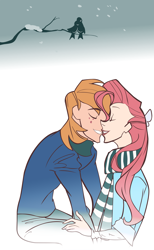 Size: 2299x3736 | Tagged: safe, alternate version, anonymous artist, artist:holivi, color edit, edit, big macintosh, fluttershy, bird, human, g4, abstract background, clothes, colored, eyes closed, female, freckles, high res, humanized, imminent kissing, male, scarf, ship:fluttermac, shipping, snow, snowfall, straight