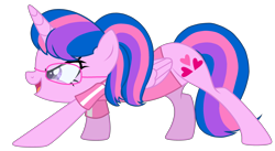 Size: 3162x1735 | Tagged: safe, artist:tanahgrogot, oc, oc only, oc:hsu amity, alicorn, pony, >:d, alicorn oc, angry, base used, clothes, cute, female, glasses, heart, horn, madorable, mare, medibang paint, not twilight sparkle, open mouth, pink body, simple background, smiling, solo, transparent background, watch, wings