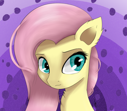 Size: 1600x1400 | Tagged: safe, artist:guatergau5, fluttershy, pegasus, pony, g4, abstract background, bust, female, looking at you, mare, neck fluff, portrait, solo, stray strand, three quarter view