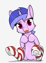 Size: 722x1000 | Tagged: safe, artist:dacaoo, sea swirl, seafoam, pony, g4, christmas, christmas stocking, clothes, commission, holiday, socks, solo, striped socks, tongue out, ych result