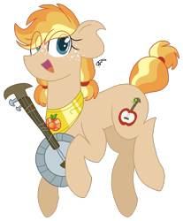 Size: 1231x1487 | Tagged: safe, artist:gallantserver, oc, oc only, oc:marmalade melody, earth pony, pony, banjo, element of honesty, female, magical lesbian spawn, mare, musical instrument, offspring, parent:applejack, parent:oc:silverlay, parents:canon x oc, parents:silverjack, simple background, solo, transparent background
