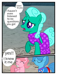 Size: 960x1280 | Tagged: safe, artist:muhammad yunus, glitter drops, spring rain, alicorn, pony, unicorn, series:sprglitemplight diary, series:sprglitemplight life jacket days, g4, aelita schaeffer, amused, base used, blue body, blue hair, clothes, code lyoko, comic, crossover, duo, eyes closed, female, green body, green hair, grin, gritted teeth, mare, medibang paint, open mouth, pink body, pink hair, ponified, real life background, smiling, text