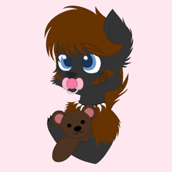 Size: 1841x1835 | Tagged: safe, artist:vaiola, oc, oc only, oc:coco, oc:coco winchester, hybrid, original species, avatar, big eyes, bust, claws, commission, cute, ear fluff, eyebrows, eyebrows visible through hair, female, fluffy, hug, icon, jewelry, necklace, pacifier, pink background, portrait, shy, simple background, solo, teddy bear, ych result