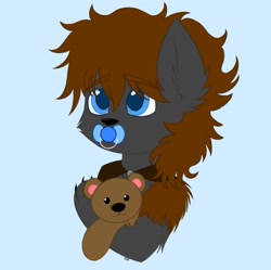 Size: 1841x1835 | Tagged: safe, artist:vaiola, oc, oc only, oc:cherokee winchester, hybrid, original species, avatar, big eyes, blue background, bust, claws, colored sketch, commission, cute, ear fluff, eyebrows, eyebrows visible through hair, fluffy, hug, icon, male, pacifier, portrait, shy, simple background, solo, teddy bear, ych result