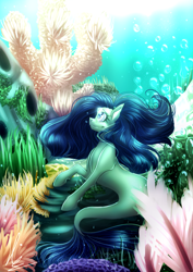 Size: 826x1169 | Tagged: safe, artist:pocketyhat, oc, oc only, oc:aqua shine, sea pony, seapony (g4), g4, blue eyes, blue mane, blue tail, bubble, closed mouth, coral, crepuscular rays, cute, digital art, eyelashes, female, fish tail, flowing mane, flowing tail, glowing, happy, looking up, ocean, reef, scales, seaweed, signature, sitting, smiling, solo, sparkles, sunlight, swimming, tail, underwater, water