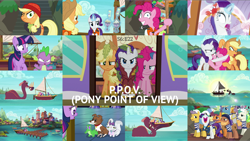 Size: 1972x1110 | Tagged: safe, edit, edited screencap, editor:quoterific, screencap, anchors aweigh, applejack, beach breaker, gummy, opalescence, pepper french, pinkie pie, rarity, sandy wave, schooner loop, seaside jack, spike, sunny waves, twilight sparkle, water whirled, whale trotter, winona, alicorn, crab, pony, tri-horned bunyip, g4, ppov, boat, captain jackbeard, ocean, pier, seaward shoals, twilight sparkle (alicorn)