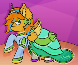 Size: 1200x1000 | Tagged: safe, artist:spiroudada, oc, oc only, oc:cold front, pegasus, pony, bow, clothes, crossdressing, dress, male, shoes, solo, stallion