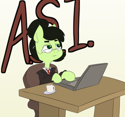 Size: 3000x2793 | Tagged: safe, artist:happy harvey, oc, oc:filly anon, earth pony, pony, chair, clothes, coaster, coffee, coffee mug, colored pupils, computer, desk, female, filly, glasses, hair bun, hairclip, high res, laptop computer, looking up, mug, necktie, office chair, phone drawing, sitting, suit