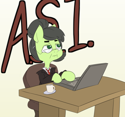 Size: 3000x2793 | Tagged: safe, artist:happy harvey, oc, oc:filly anon, earth pony, pony, chair, clothes, coaster, coffee, coffee mug, colored pupils, computer, desk, elderly, female, filly, glasses, gray mane, hair bun, hairclip, high res, laptop computer, looking up, mare, mug, necktie, office chair, older, phone drawing, sitting, suit