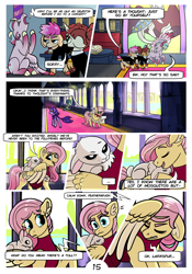Size: 2100x3000 | Tagged: safe, artist:loryska, angel bunny, fluttershy, oc, oc:clarabelle, oc:conundrum solar flare, oc:plumeria, earth pony, hybrid, pegasus, pony, unicorn, zony, comic:friendship grows, g4, adopted offspring, ear fluff, high res, offspring, parent:quibble pants, parent:rainbow dash, parent:sweetie belle, parents:quibbledash, tongue out, wing hands