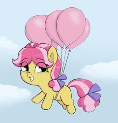 Size: 1812x1888 | Tagged: safe, artist:heretichesh, kettle corn, earth pony, pony, g4, balloon, blushing, bow, cloud, cute, female, filly, floating, flying, hair bow, happy, sky, tail bow, then watch her balloons lift her up to the sky