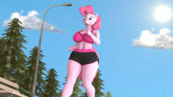 Size: 1920x1080 | Tagged: safe, artist:neondonut, pinkie pie, earth pony, anthro, g4, 3d, belly button, breasts, busty pinkie pie, clothes, cloud, female, jogging, lamppost, outdoors, shorts, sky, smiling, solo, source filmmaker, sports bra, sports shorts, sweat, tail, thighs, tree, wide hips