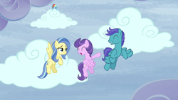 Size: 1920x1080 | Tagged: safe, screencap, clear skies, open skies, rainbow dash, sunshower, pegasus, pony, g4, tanks for the memories, cloud, female, male, mare, stallion, trio focus