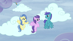 Size: 1920x1080 | Tagged: safe, screencap, clear skies, open skies, rainbow dash, sunshower, pegasus, pony, g4, tanks for the memories, cloud, cloud busting, female, flying, male, mare, pointing, stallion, trio focus