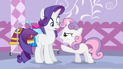 Size: 1920x1080 | Tagged: safe, screencap, rarity, sweetie belle, pony, unicorn, for whom the sweetie belle toils, g4, female, filly, mare, pointing, siblings, sisters