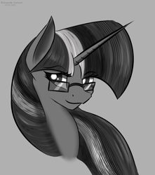 Size: 1434x1623 | Tagged: safe, artist:renarde-louve, twilight sparkle, pony, g4, glasses, grayscale, monochrome, solo