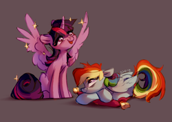 Size: 4093x2894 | Tagged: safe, artist:shore2020, rainbow dash, twilight sparkle, alicorn, pegasus, pony, g4, cushion, cute, duo, duo female, female, folded wings, gray background, high res, horn, looking up, lying down, mare, open mouth, open smile, pillow, prone, signature, simple background, sitting, smiling, sparkles, spread wings, twiabetes, twilight sparkle (alicorn), wings