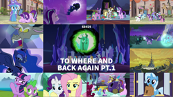 Size: 1966x1107 | Tagged: safe, edit, edited screencap, editor:quoterific, screencap, applejack, barren hymn, cool beans, derpy hooves, discord, double diamond, flower flight, fluttershy, log jam, night glider, party favor, pinkie pie, princess luna, queen chrysalis, rainbow dash, rarity, spike, sugar belle, thorax, trixie, twilight sparkle, alicorn, draconequus, pony, g4, to where and back again, bag, book, changeling hive, disguise, disguised changeling, force field, male, mane six, our town, saddle bag, twilight sparkle (alicorn), twilight's castle
