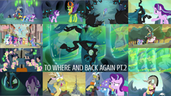 Size: 1966x1108 | Tagged: safe, edit, edited screencap, editor:quoterific, screencap, applejack, discord, fluttershy, pinkie pie, princess cadance, princess celestia, princess flurry heart, princess luna, queen chrysalis, rainbow dash, rarity, shining armor, spike, starlight glimmer, thorax, trixie, twilight sparkle, alicorn, changedling, changeling, flying pig, pig, pony, g4, to where and back again, changeling hive, cocoon, king thorax, mane six, our town, twilight sparkle (alicorn)