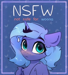 Size: 1800x2000 | Tagged: safe, artist:radioaxi, princess luna, alicorn, pony, g4, blushing, chest fluff, female, filly, looking at you, not safe for woona, nsfw, s1 luna, solo, sweat, sweatdrop, woona, younger