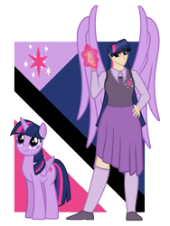 Size: 4500x6000 | Tagged: safe, artist:deroach, twilight sparkle, alicorn, human, pony, equestria project humanized, g4, abstract background, clothes, cutie mark, cutie mark on clothes, duality, duo, duo female, fanfic, fanfic art, female, human ponidox, humanized, magic, mare, self ponidox, show accurate, simple background, solo, transparent background, twilight sparkle (alicorn), winged humanization, wings