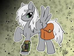 Size: 1600x1200 | Tagged: safe, artist:gusthebard, oc, oc only, oc:aurora pinfeathers, pegasus, pony, fallout equestria, fallout equestria: renewal, bag, feather, female, gray coat, green eyes, mare, pipbuck, saddle bag, solo, white mane, wings