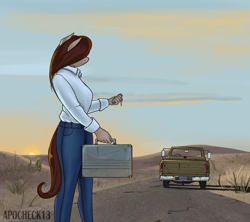Size: 2358x2090 | Tagged: safe, artist:apocheck13, oc, oc only, anthro, anthro oc, clothes, desert, female, high res, jeans, morning, pants, pick up, pickup truck, road, solo