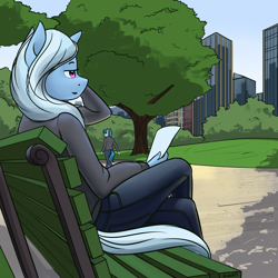 Size: 2000x2000 | Tagged: safe, artist:apocheck13, trixie, unicorn, anthro, g4, bench, building, clothes, high res, lidded eyes, park, scenery, sitting, smiling, solo focus, tree