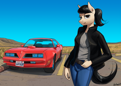 Size: 3307x2339 | Tagged: safe, artist:apocheck13, oc, oc only, oc:elya, anthro, belt, car, clothes, female, high res, jacket, jeans, leather jacket, mare, pants, pontiac, pontiac firebird, ponytail, solo