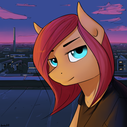 Size: 2000x2000 | Tagged: safe, artist:apocheck13, oc, oc only, anthro, bust, city, cityscape, clothes, high res, looking at you, portrait, rooftop, shirt, solo, t-shirt