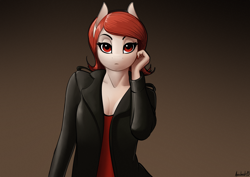 Size: 2828x2000 | Tagged: safe, artist:apocheck13, oc, oc only, anthro, clothes, female, gradient background, high res, jacket, leather jacket, mare, solo