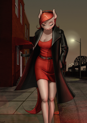 Size: 2000x2829 | Tagged: safe, artist:apocheck13, oc, oc only, anthro, clothes, early, eyes closed, female, high res, jacket, leather jacket, mare, morning, red dress, solo, street, walking