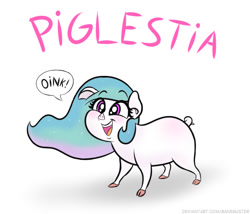 Size: 587x502 | Tagged: safe, artist:banebuster, princess celestia, pig, series:tiny tia, g4, cake, cakelestia, cloven hooves, cute, cutelestia, female, food, gluttony, oink, open mouth, pigified, simple background, sowlestia, species swap, speech bubble, white background