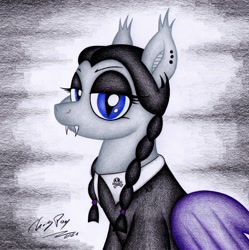 Size: 2336x2343 | Tagged: safe, artist:thechrispony, oc, oc only, oc:thorne, bat pony, pony, braided pigtails, bust, clothes, cosplay, costume, dress, fangs, female, goth, high res, looking at you, mare, piercing, portrait, solo, the addams family, traditional art, wednesday addams