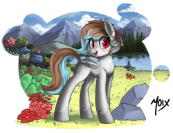 Size: 2600x2000 | Tagged: safe, artist:supermoix, oc, oc only, butterfly, pegasus, pony, cute, eye clipping through hair, female, flower, forest, heart mark, high res, looking at you, mare, markings, mountain, open mouth, rock, scenery, simple background, smiling, smiling at you, solo