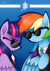 Size: 2480x3507 | Tagged: safe, artist:twidasher, rainbow dash, twilight sparkle, alicorn, pegasus, pony, g4, blue background, clothes, duo, female, high res, lesbian, looking at you, necktie, ship:twidash, shipping, signature, simple background, spy, suit, sunglasses, twilight sparkle (alicorn)