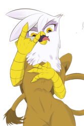 Size: 666x1000 | Tagged: safe, alternate version, artist:[redacted], gilda, griffon, g4, beak, devil horn (gesture), drawthread, female, looking at you, open beak, open mouth, simple background, solo, standing, tongue out, transparent background, yellow eyes