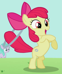 Size: 575x692 | Tagged: safe, screencap, apple bloom, aura (g4), earth pony, pony, g4, season 2, the cutie pox, adorabloom, apple bloom's bow, aurabetes, bipedal, bow, cute, cutie mark, female, filly, hair bow, hooves, hooves up, loop-de-hoop, offscreen character, open mouth, rearing, shadow, solo focus