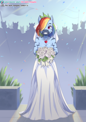 Size: 724x1023 | Tagged: safe, artist:the-dark-mangaka, rainbow dash, pegasus, zebra, anthro, g4, bodypaint, bouquet, breasts, busty rainbow dash, cleavage, clothes, confetti, dress, eyelashes, female, female focus, flag, flower, grin, hair over one eye, jewelry, marriage, necklace, outdoors, rainbow dash always dresses in style, rose, sexy, smiling, solo focus, striped, stupid sexy rainbow dash, tomboy taming, wedding, wedding dress, wingless, wingless anthro, zebra supremacy, zebradom